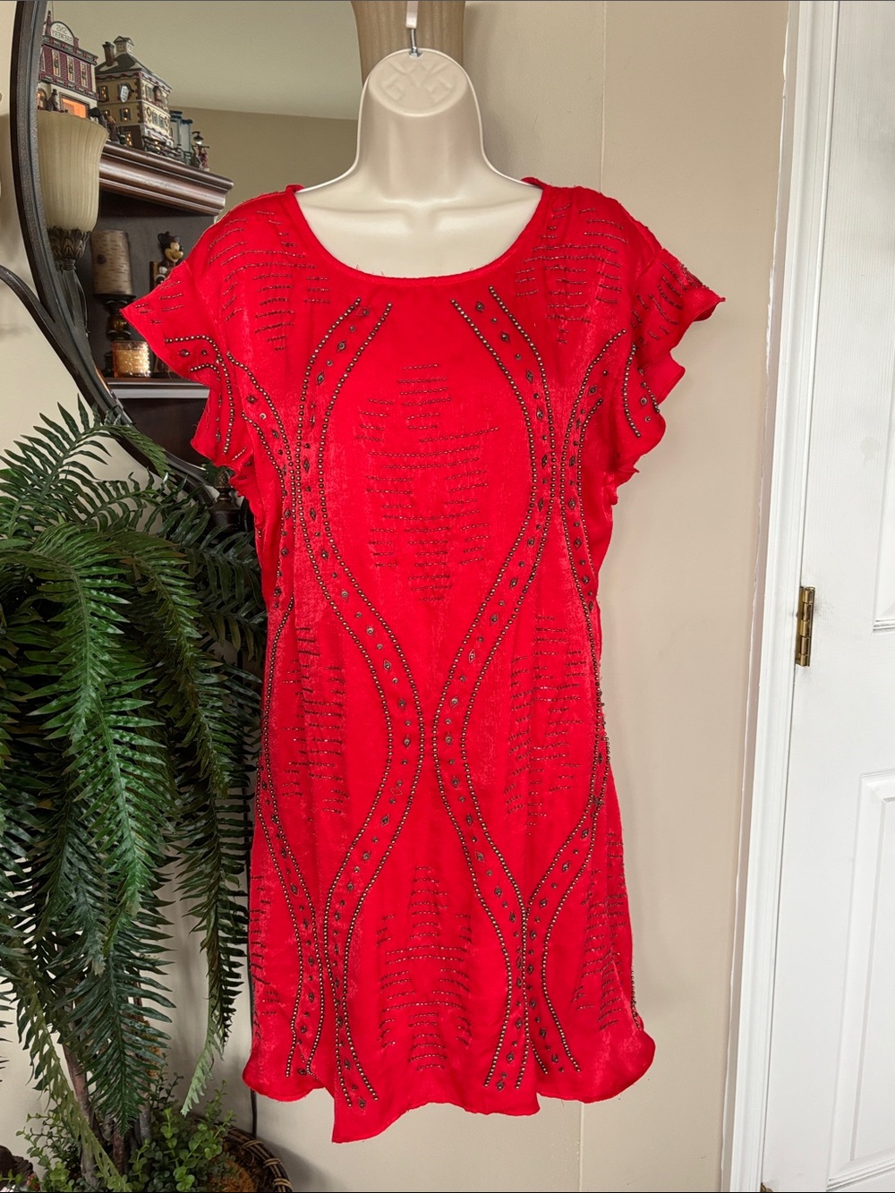 Free People Beaded Embellished Red Boho Mini Dress Ruffle Cap Sleeves Open Back
